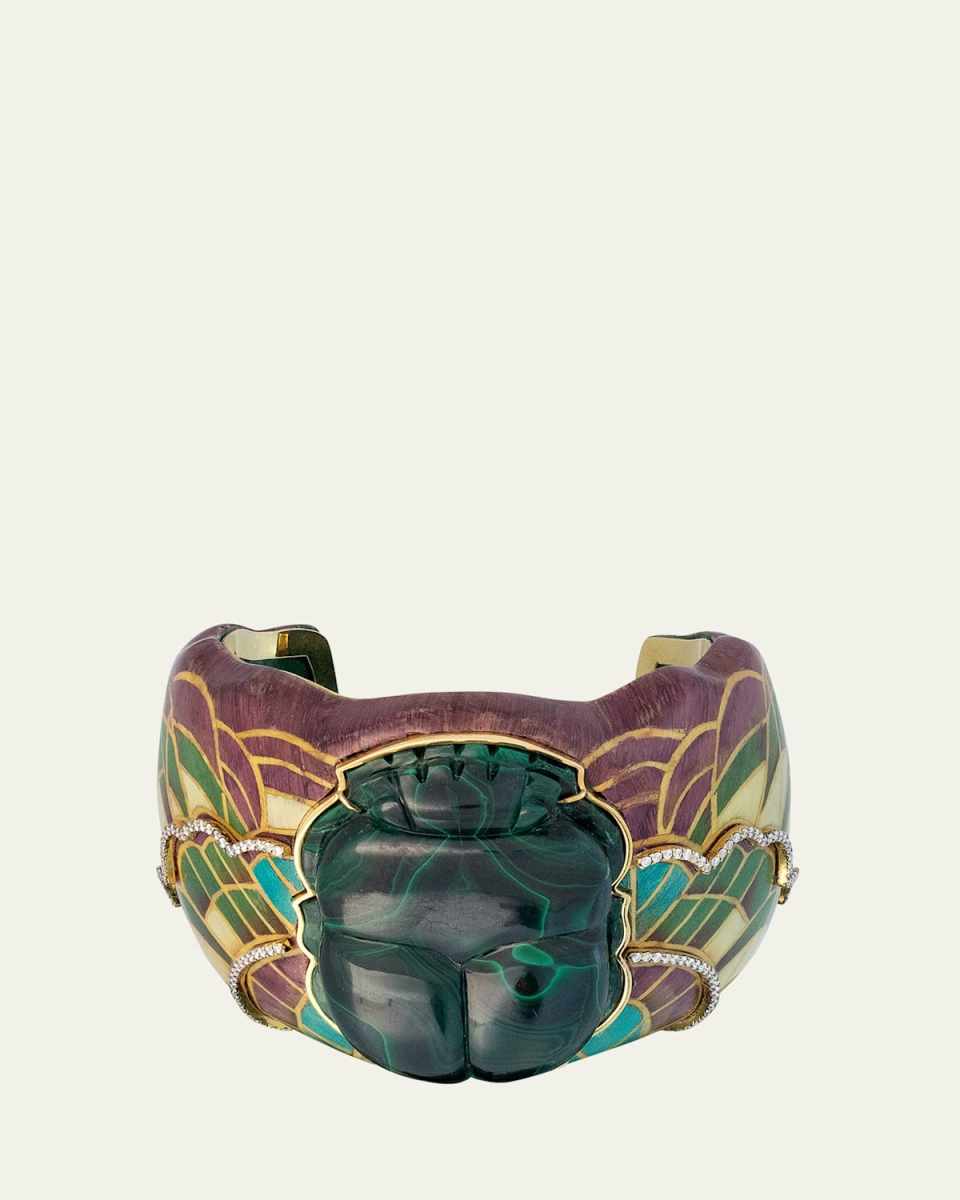 18K Yellow Gold Egyptian Marquetry Bracelet with Light Brown Diamonds and Malachite Scarab